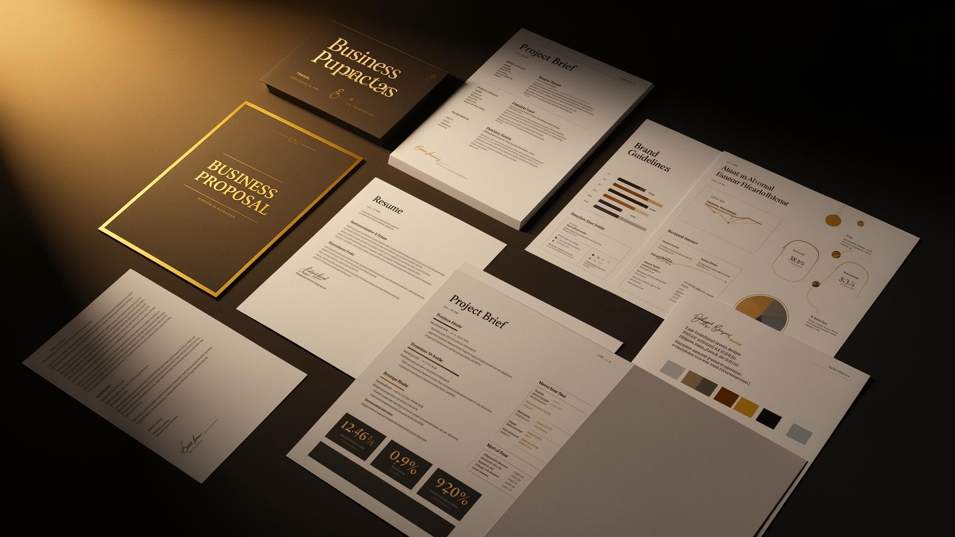 A flat-lay of premium TempCreators templates — business proposal, resume, project brief, and brand guidelines on a dark noir surface with gold accents.